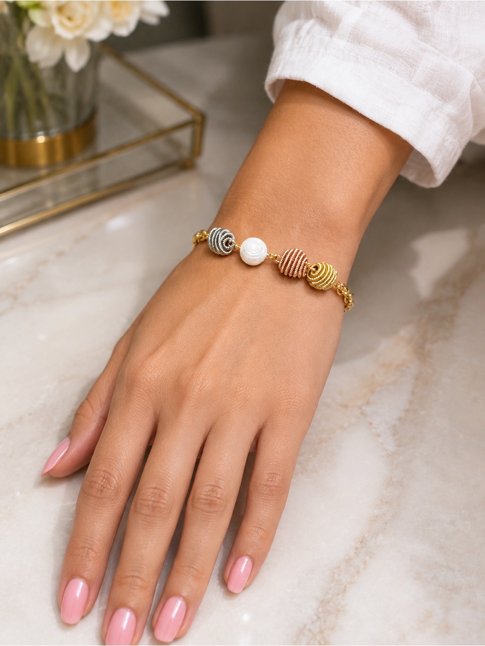 Tri-Tone Bead and White Pearl Accent Bracelet non tarnish